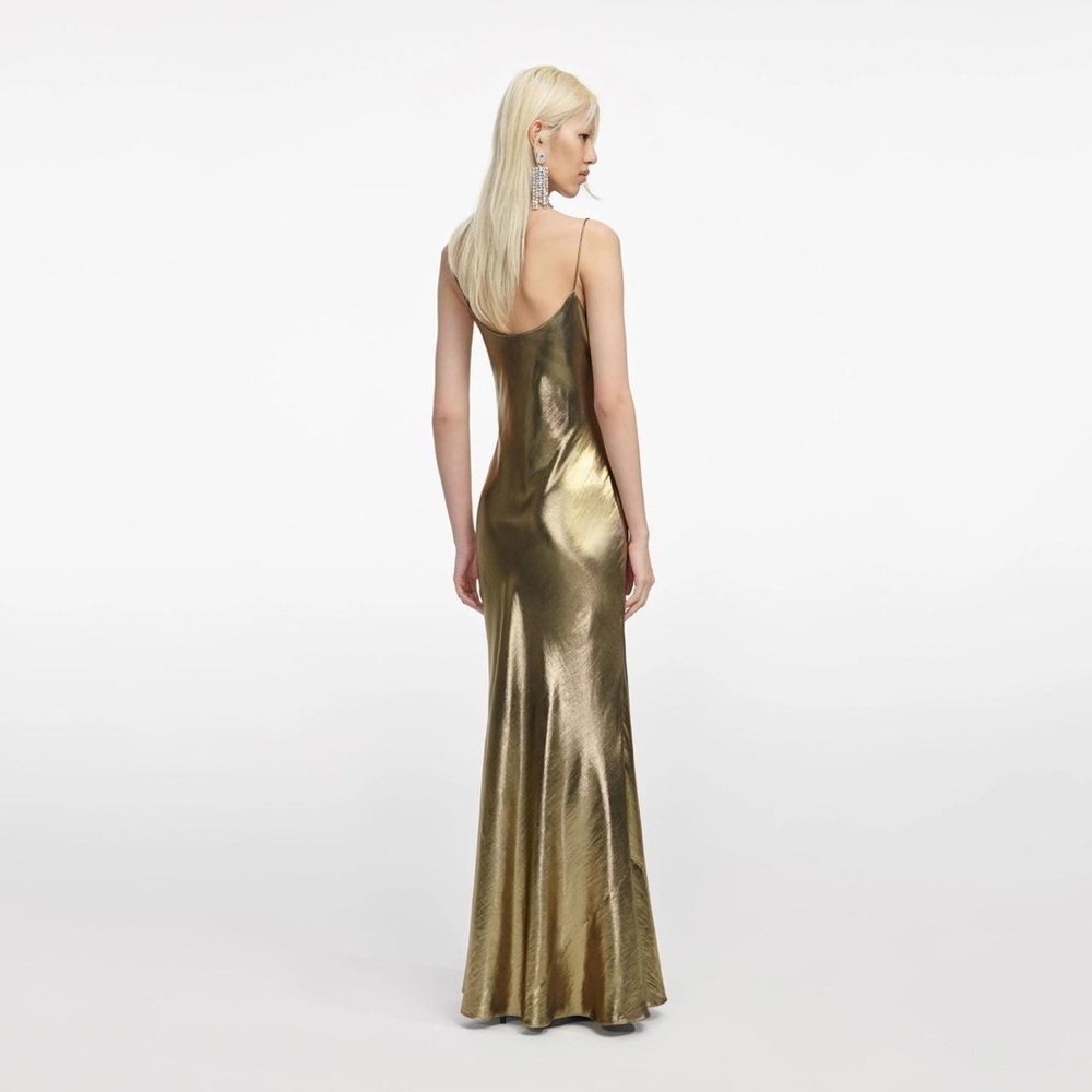 Gold Metallic Strappy Maxi Dress Side Split Evening Gown Size US 6 - Picture 11 of 12